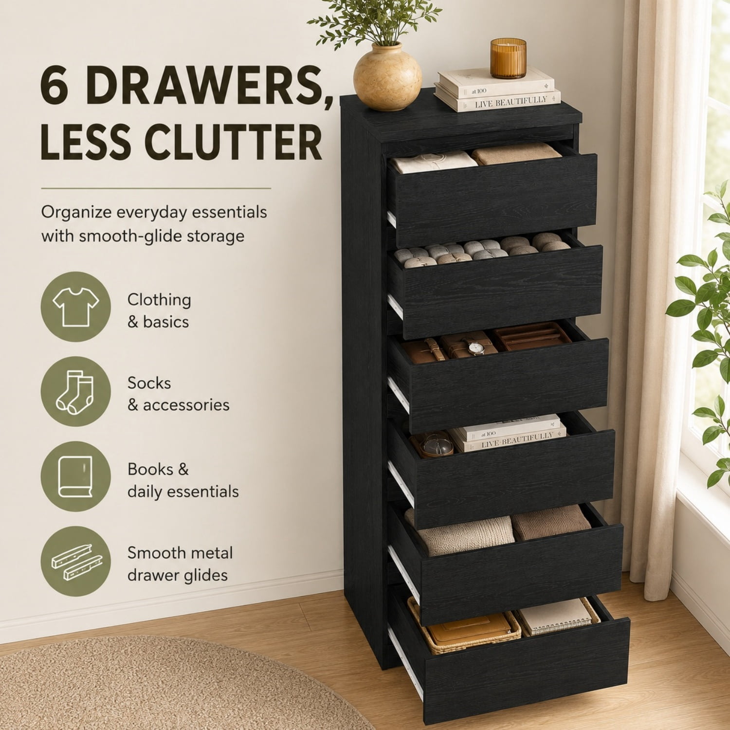 Miniyam 6 Drawer Dresser, Black Tall Dresser Chest of Drawers, Modern Handle-Free Storage Cabinet for Bedroom and Closet