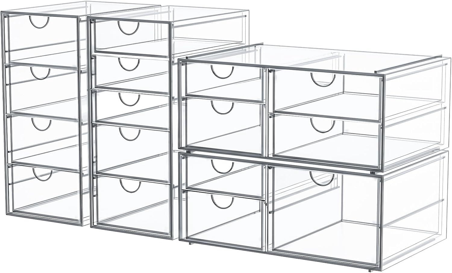 DIANJIE Makeup Organizer Storage with 16 Drawers 4 Pcs Desktop Office Supplies Desk Organizers Clear Accessories Dustproof Storage Drawer for Makeup Jewelry Pen Stationary