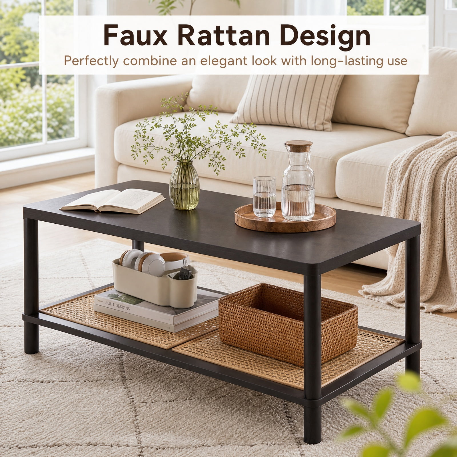 Furnibear 2 Tier Boho Rectangular Coffee Table with Rubber Wood Frame and Faux Rattan Open Storage Shelf for Living Room Home Office, Black