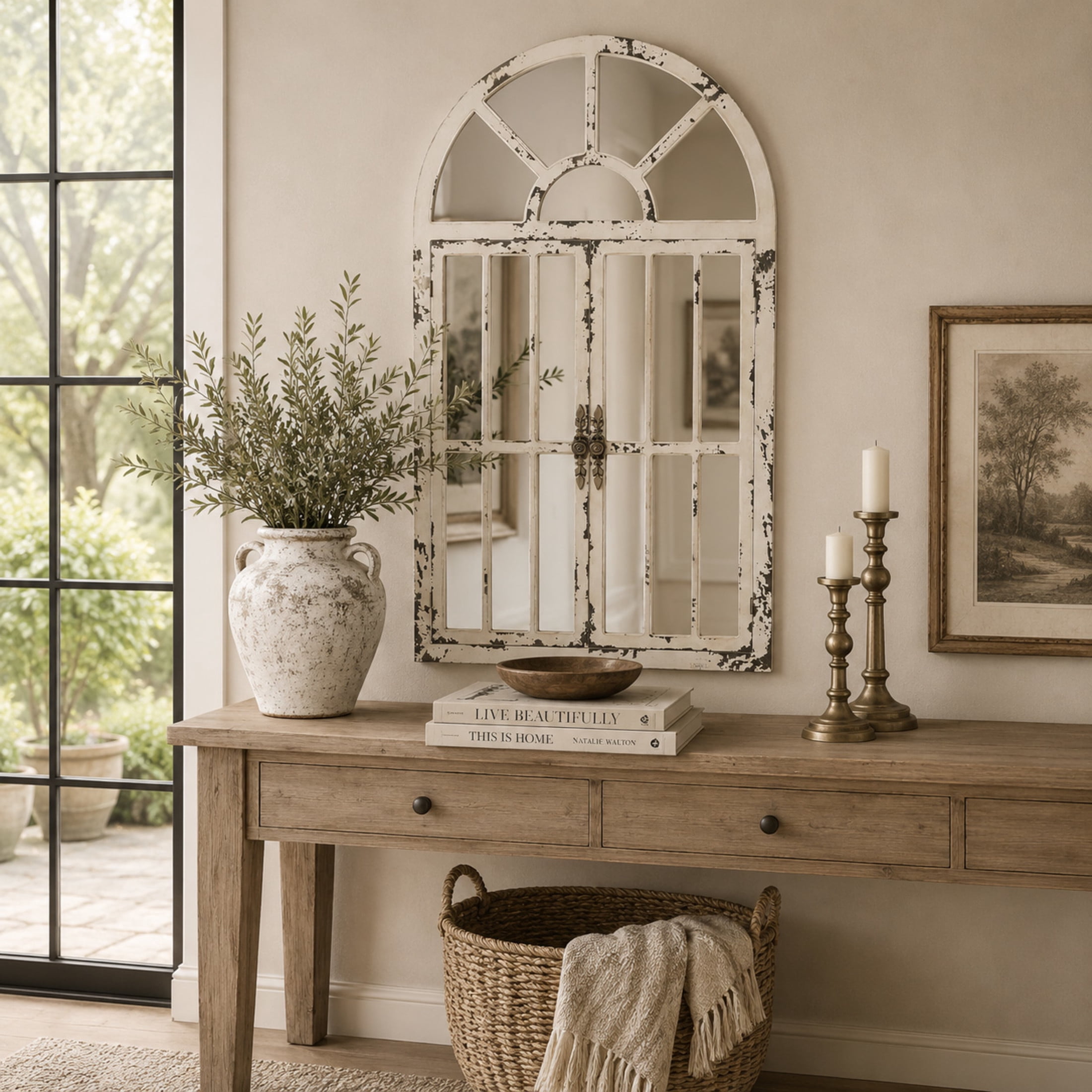 DecMode 26" x 46" White Window Pane Inspired 2 Door Wall Mirror with Arched Top and Distressing