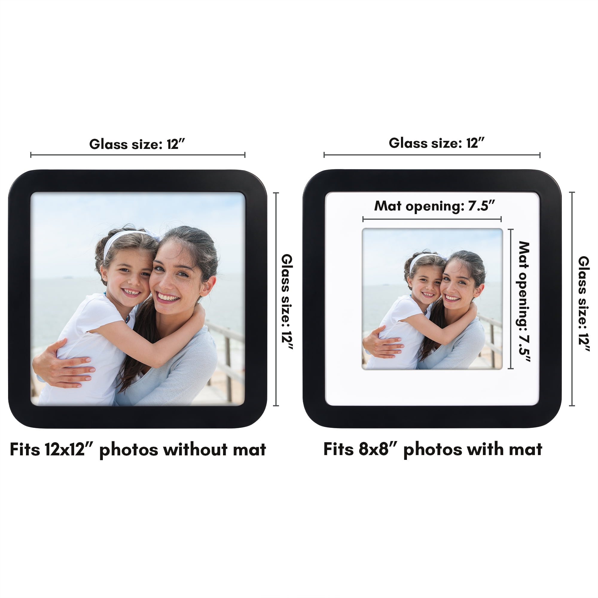 Americanflat 12x12 Picture Frame with Shatter-Resistant Glass with 8x8 Mat Round Corner Molding Mod - Black