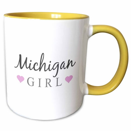 

3dRose Michigan Girl - home state pride - USA - United States of America - text and cute girly pink hearts - Two Tone Yellow Mug 11-ounce