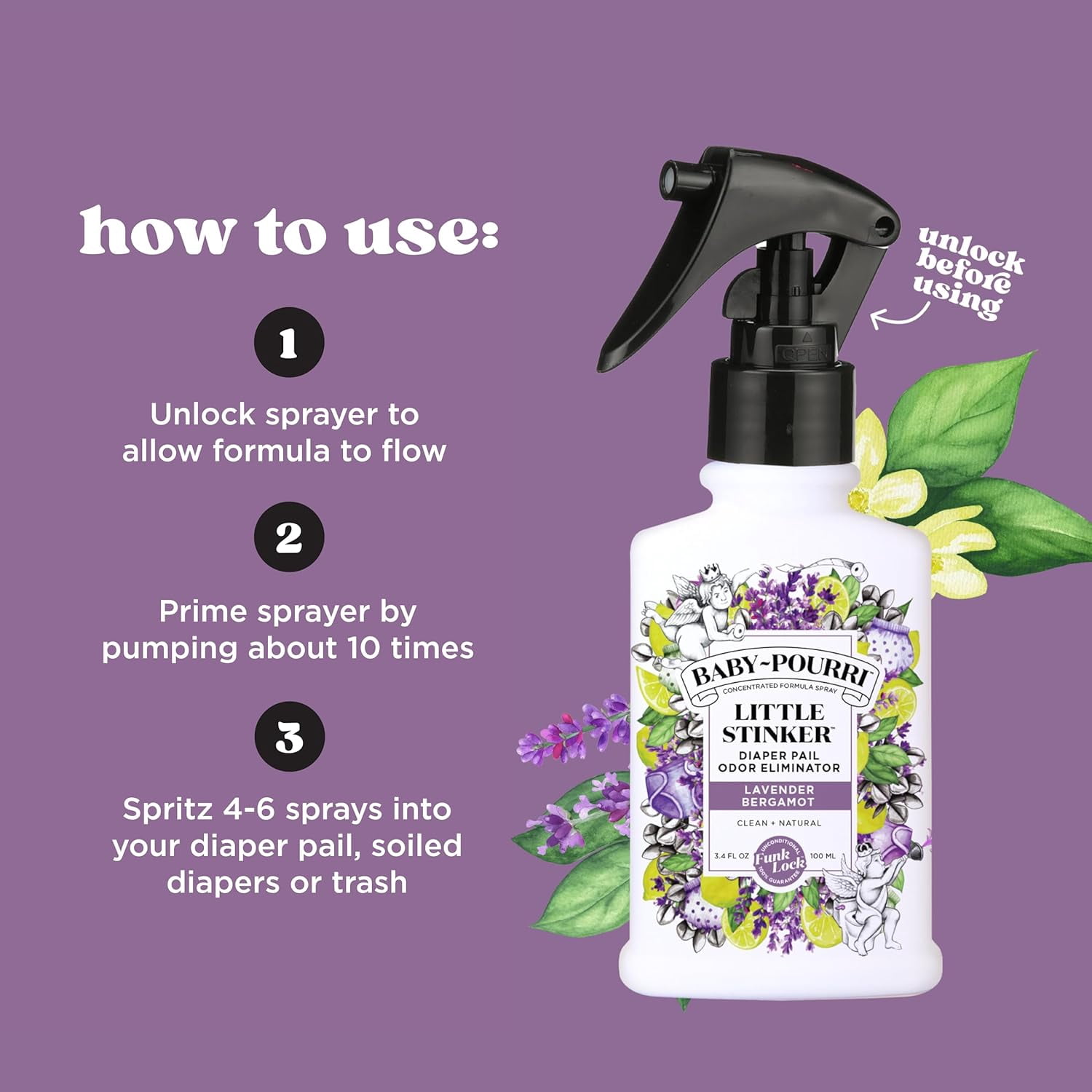 Baby-Pourri Little Stinker Diaper Pail Deodorizer Spray,3.4 Fl Oz,Up to 150 Uses,Odor ener with Essential Oils,Nursery Essentials,Lavender,Bergamot,Eucalyptus & Vanilla Scent,(Pack of 2)