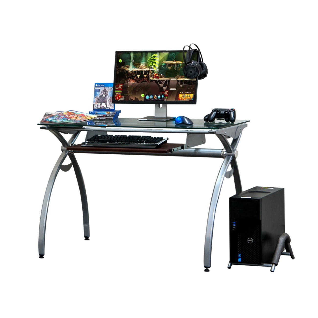 Canddidliike 43" Modern Computer Desk with Clear Glass Top & Pull Out Keyboard Panel - Transparent