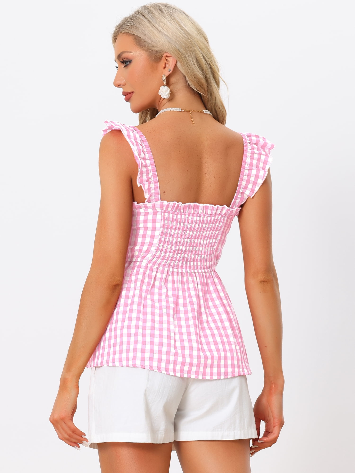 DARING DIVA Women's Peplum Square Neck Sleeveless Plaid Blouse XL Light Peach Color