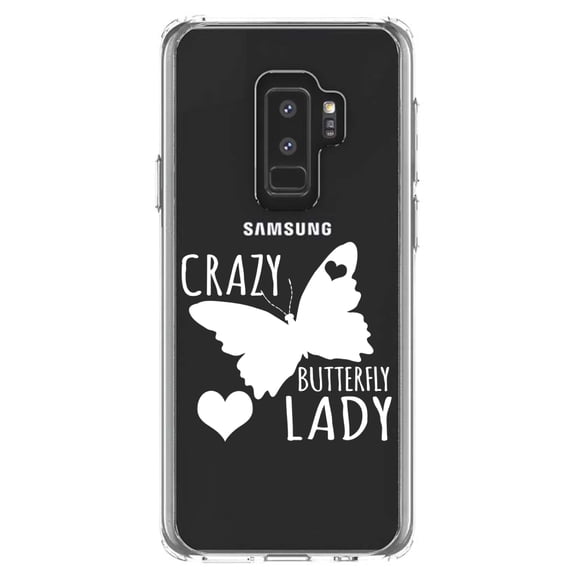 DistinctInk Clear Shockproof Hybrid Case for Samsung Galaxy S9  PLUS (6.2" Screen) - TPU Bumper Acrylic Back Tempered Glass Screen Protector - Crazy Butterfly Lady