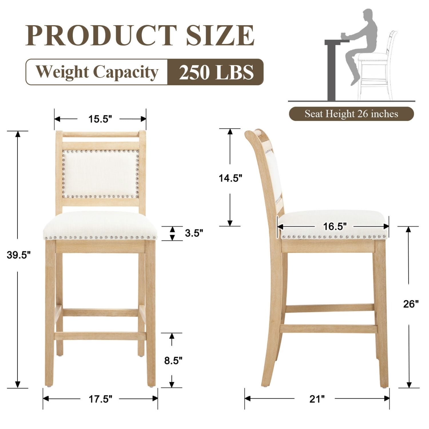 Dayalane 26" Farmhouse Counter Height Bar Stools Set of 4, Rustic French Wooden Barstools with Linen Fabric Upholstered , Top Rail Nailhead Breakfast Bar Stool for Bar Kitchen Island Bistro, Ivory