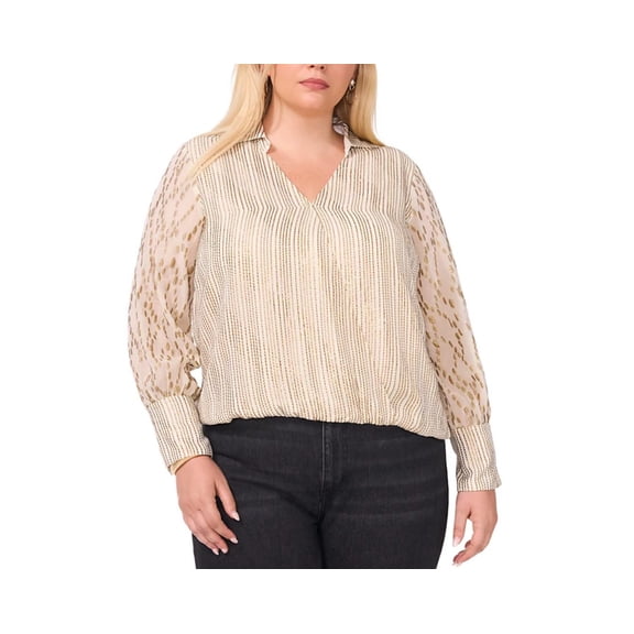Vince Camuto Women's V-Neck Collared Long-Sleeve Blouse Soft Cream Plus Size 1X
