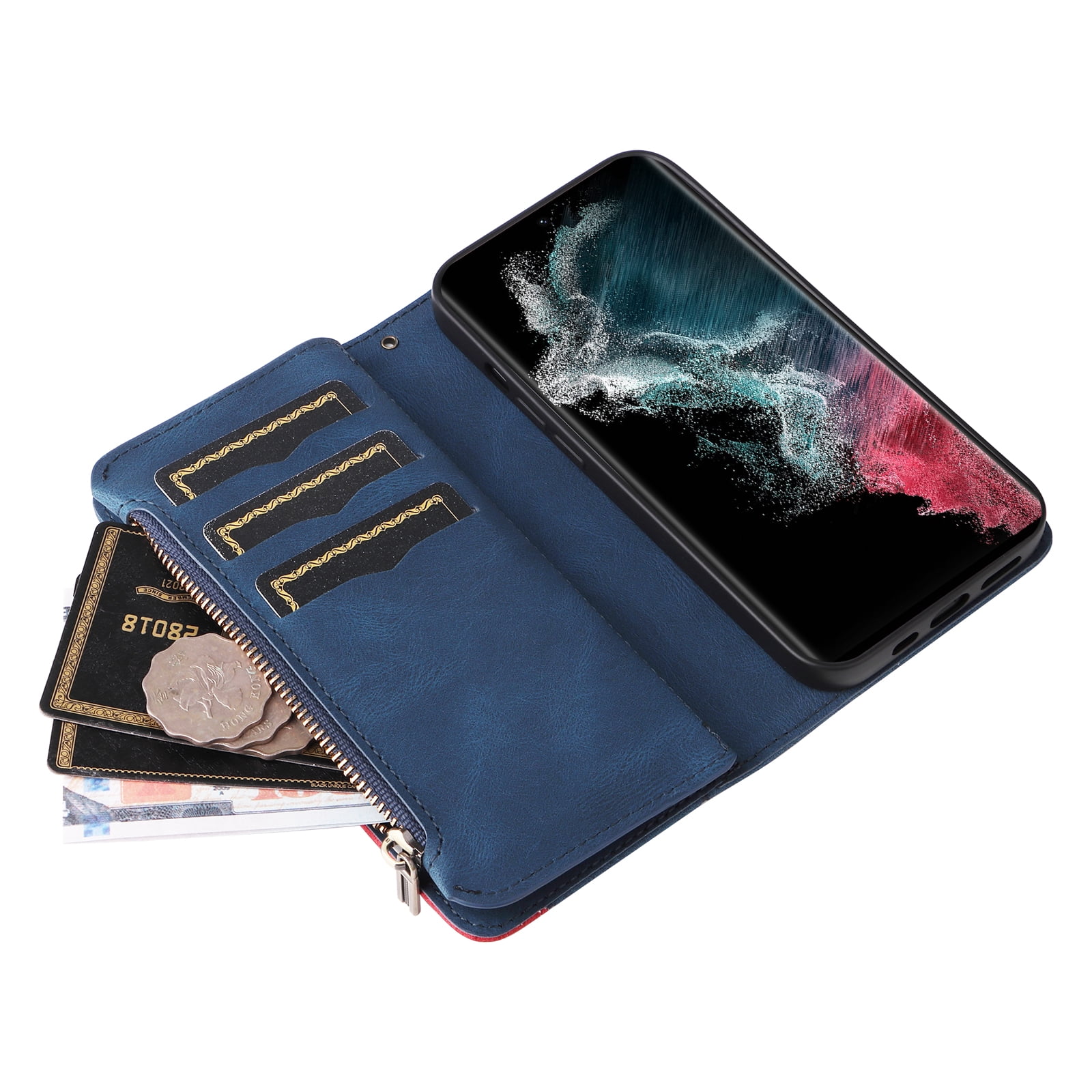 Dteck for Samsung Galaxy S23 Ultra Case Wallet with 9 Card Slots, Zipper Pocket PU Leather Folio Flip Phone Case with Wristlet Strap for Samsung Galaxy S23 Ultra 6.8 Inch, Blue