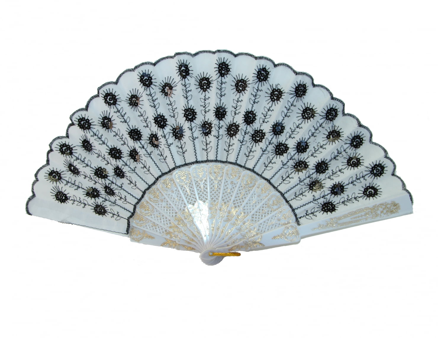 Peacock Pattern Sequin Fabric Hand Fan with White Background 