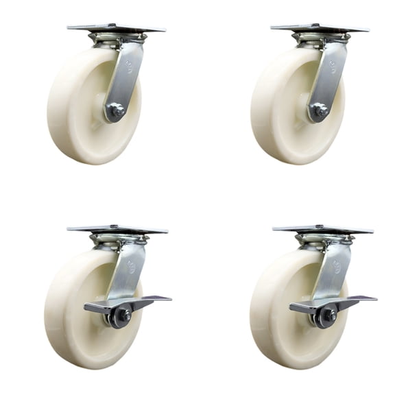 8 Inch Nylon Swivel Caster Set with Roller Bearings 2 Brakes Service Caster