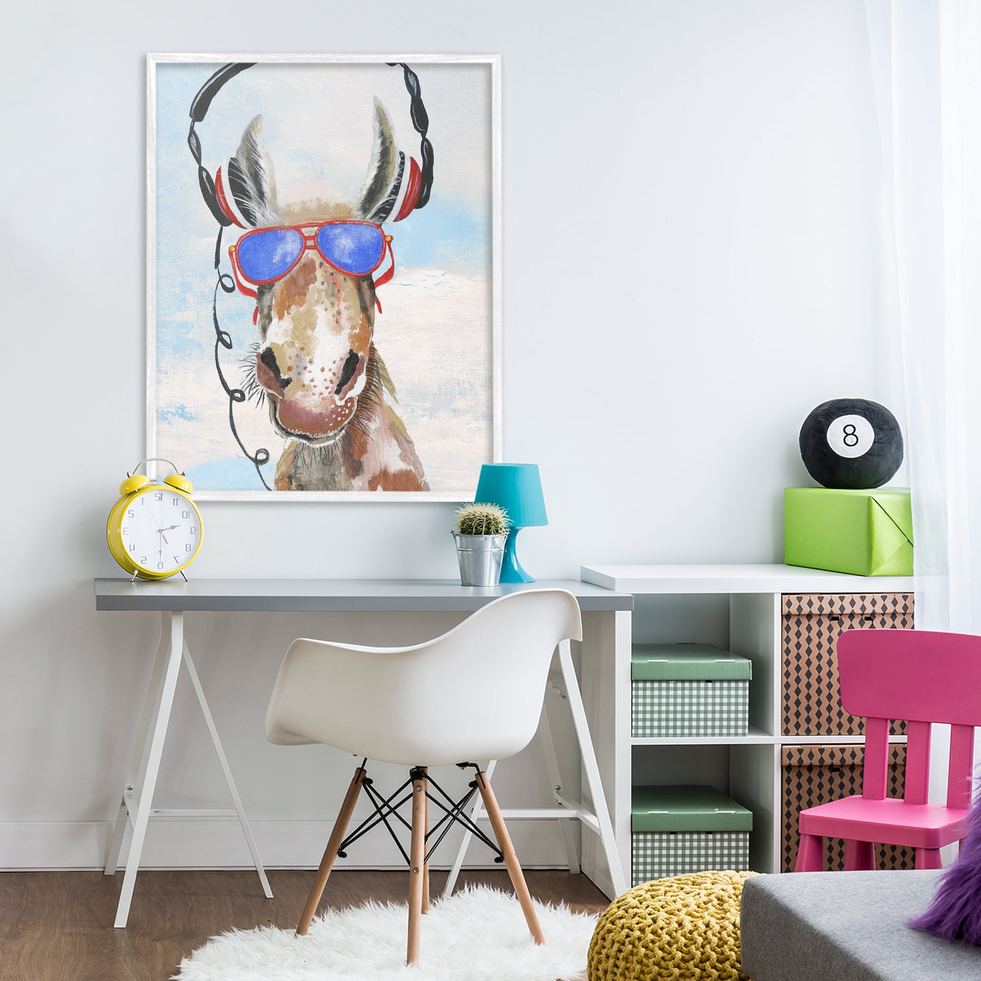 Stupell Industries Donkey Wearing Headphones White Framed Giclee Art, design by Janet Tava