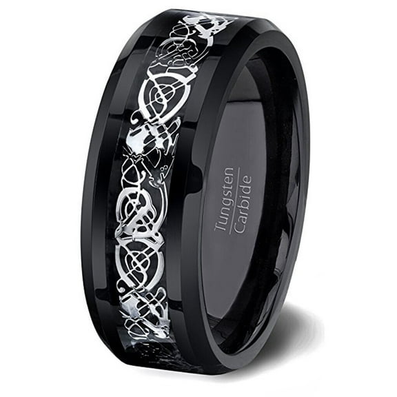 Wedding Rings For Men or Women. 8mm Black Tungsten Band Silver Celtic Knot