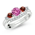 thumbnail image 2 of Gem Stone King 10K White Gold Pink Created Sapphire Red Garnet and White Lab Grown Diamond 5 Stone Bridal Engagement Wedding Ring Set for Women (0.96 Cttw, Round: 5MM and 3MM, Size 6), 2 of 6