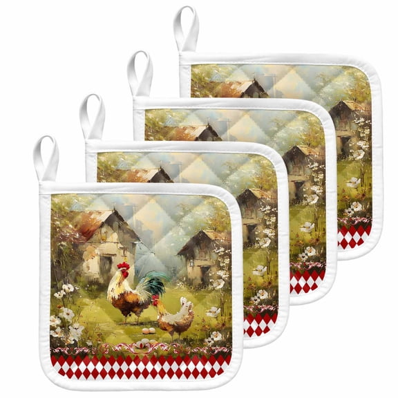 Farmhouse Rooster Pot Holders for Kitchen Heatproof Potholder, 4 Pack Vintage Rustic Plants Oil Painting Hot Pads Multipurpose Oven Pads Cloth Potholders Trivet for Cooking and Baking