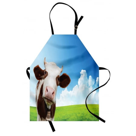 Cattle Apron  Brown and White Cow Staring from the Landscape of Wide Green Field and Open Sky  Unisex Kitchen Bib with Adjustable Neck for Cooking Gardening  Adult Size  Multicolor  by Ambesonne