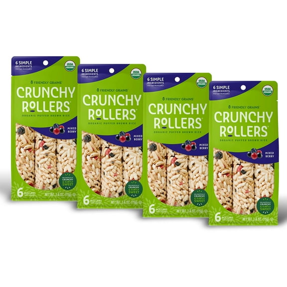 Friendly Grains - Crunchy STF9 Rollers - Organic Rice Snacks, Crispy Puffed Rice Rolls, Healthy Snack Rolls for Adults and Kids - Mixed Berry - (4 Packs of 6)