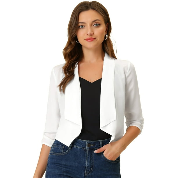 INSPIRE CHIC Cárdigan Ligero De Manga 3/4 Fruncida Con Frente Abierto Para Mujer Blanco M