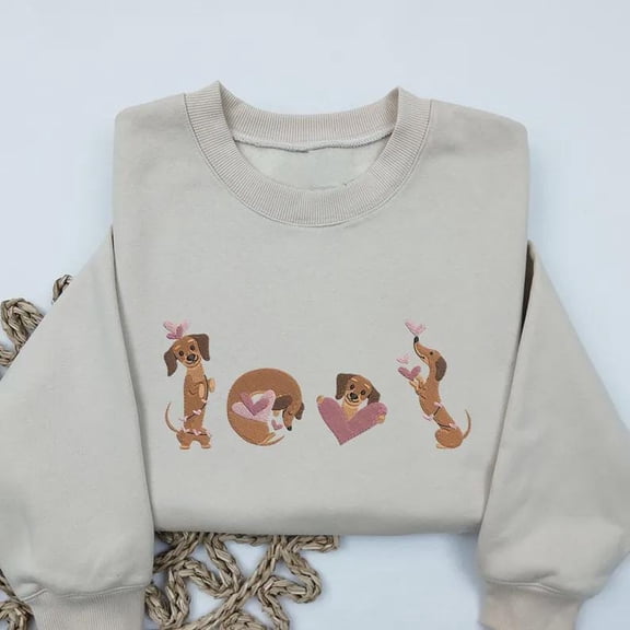 Valentine’s Day Dachshund Embroidered T-Shirt, Sweater, Hoodie | Dachshund Heart Dog Shirt | Valentine Dog Lover Embroidered Apparel