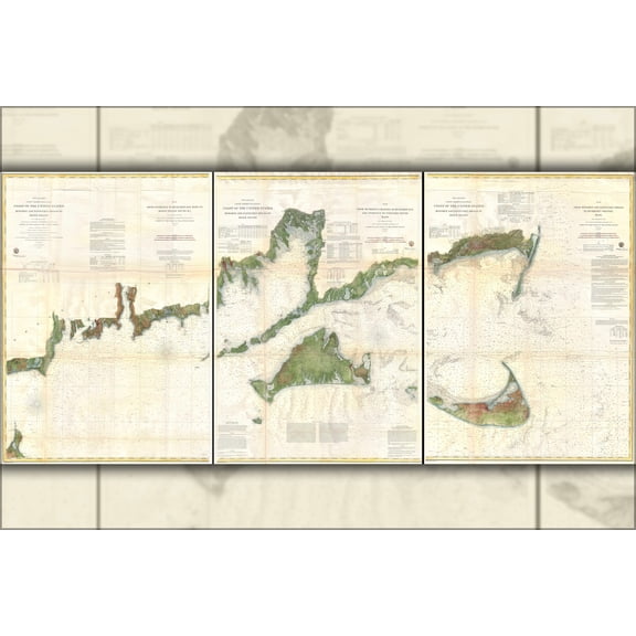 24"x36" Gallery Poster, 1860 Coastal Map of Block Island, Buzzard Bay, Nantucket and Marthas Vineyard
