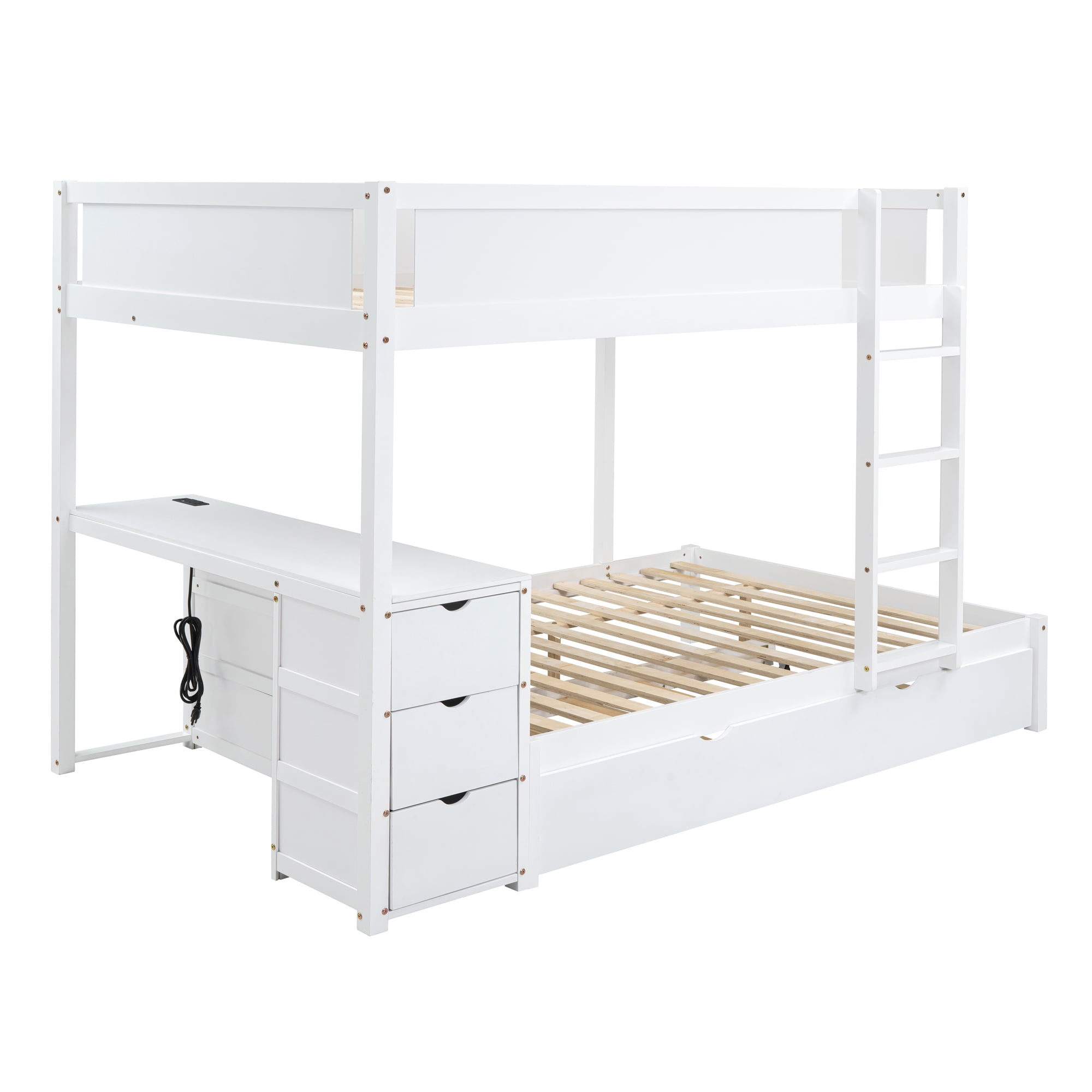 Full-Over-Full Bunk Bed with Twin size Trundle and 3 Storage Drawers, Solid Wood Floor Bunk Bed with Desk, Ladder and Guardrails for Kids Teens Adults