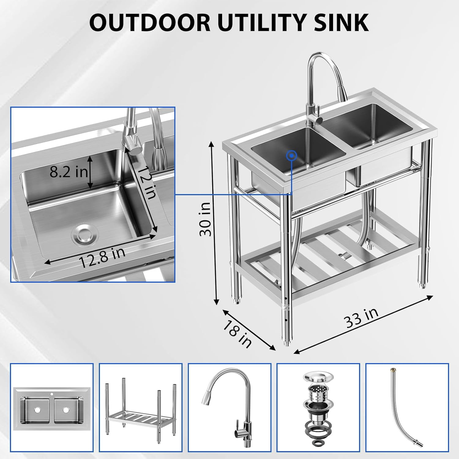 Eastvita Freest&ing Double Bowl Stainless-Steel Utility Sink 35 By 20 By 12 in NSF Certified Corrosion Resistant Adj Legs Rapid Drainage With Hot And Cold Faucets Durable Com Kitchen