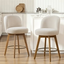 WOOW DEPOT 26" Swivel Chenille Bar Stools Set of 2, w/ 3.9" Thick Large Seat & Mid-Back & Wood Legs, Upholstered Fabric Modern Island Counter Barstools Armless Kitchen Pub Chair, Beige
