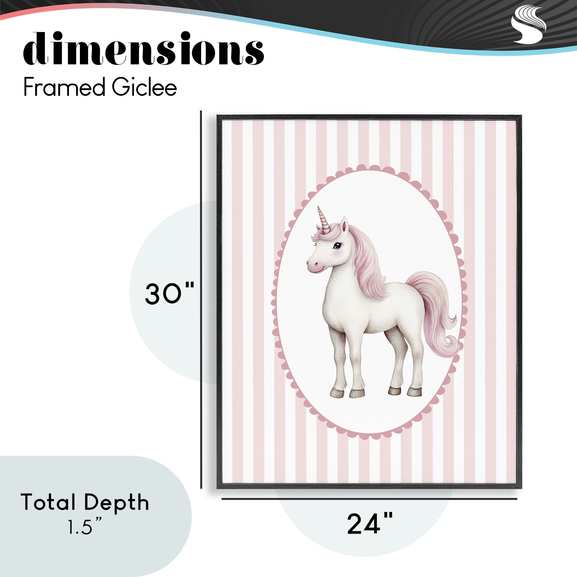 Gentle Unicorn on Pink Stripes Black Framed Giclee Art, design by Christine Simpson Art