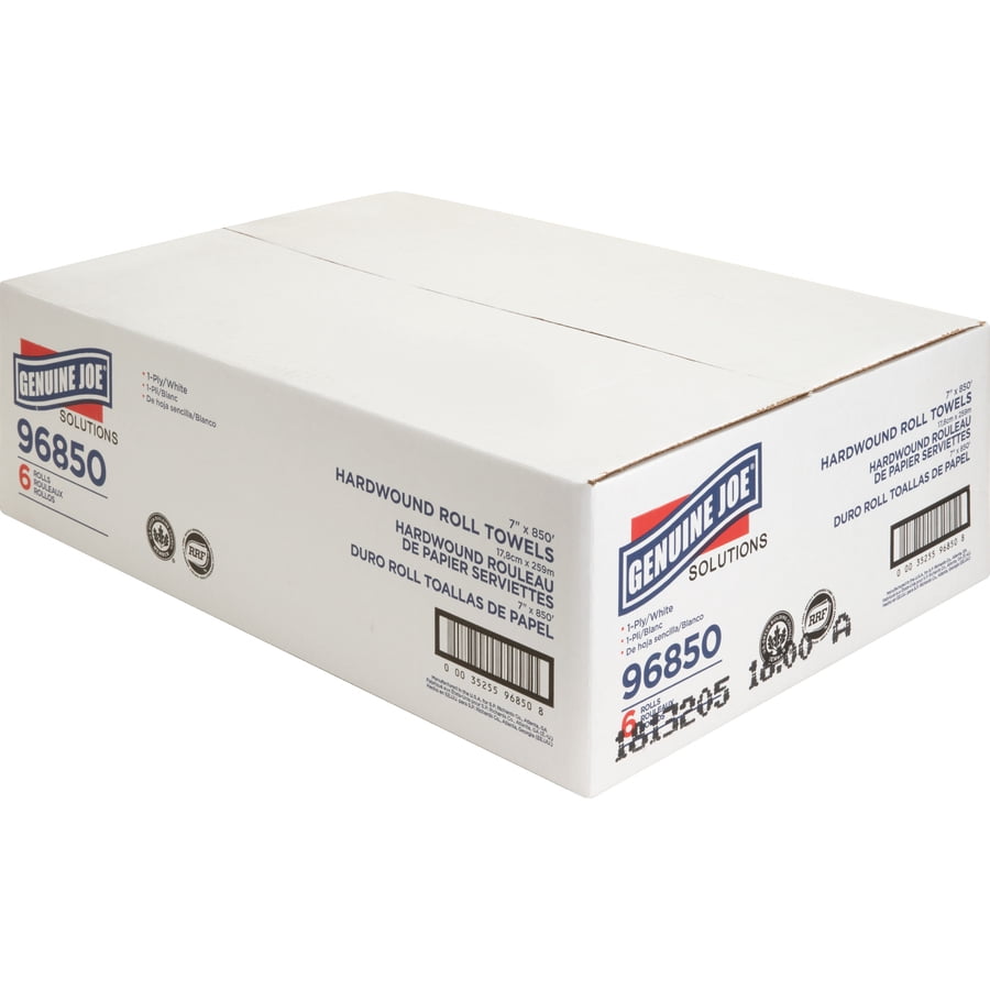 Genuine Joe Solutions 850' Roll Hard Wound Paper Towels - 1 Ply - 7" X 850 Ft - White - Virgin Fiber - Soft, Embossed, Absorbent, Eco-friendly, Strong - 6 / Carton