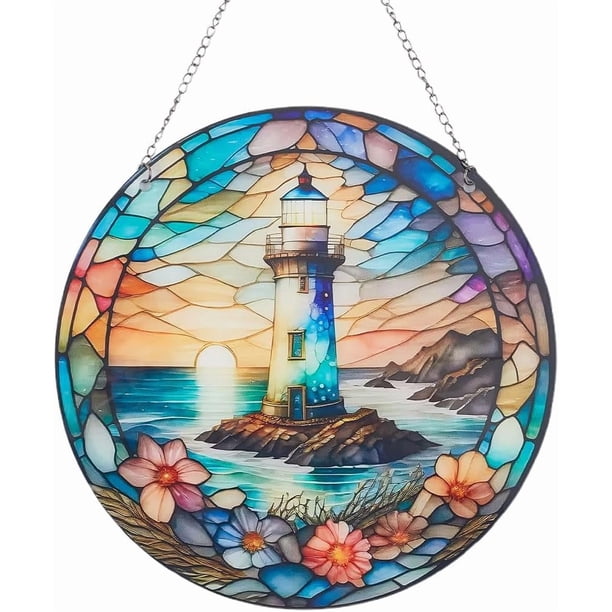 Atrapasueños de faro, colgantes para ventanas de acrílico redondo, paneles de vidrio, decoración para ventanas, arte de pared con flores, adorno para atrapasol, regalo