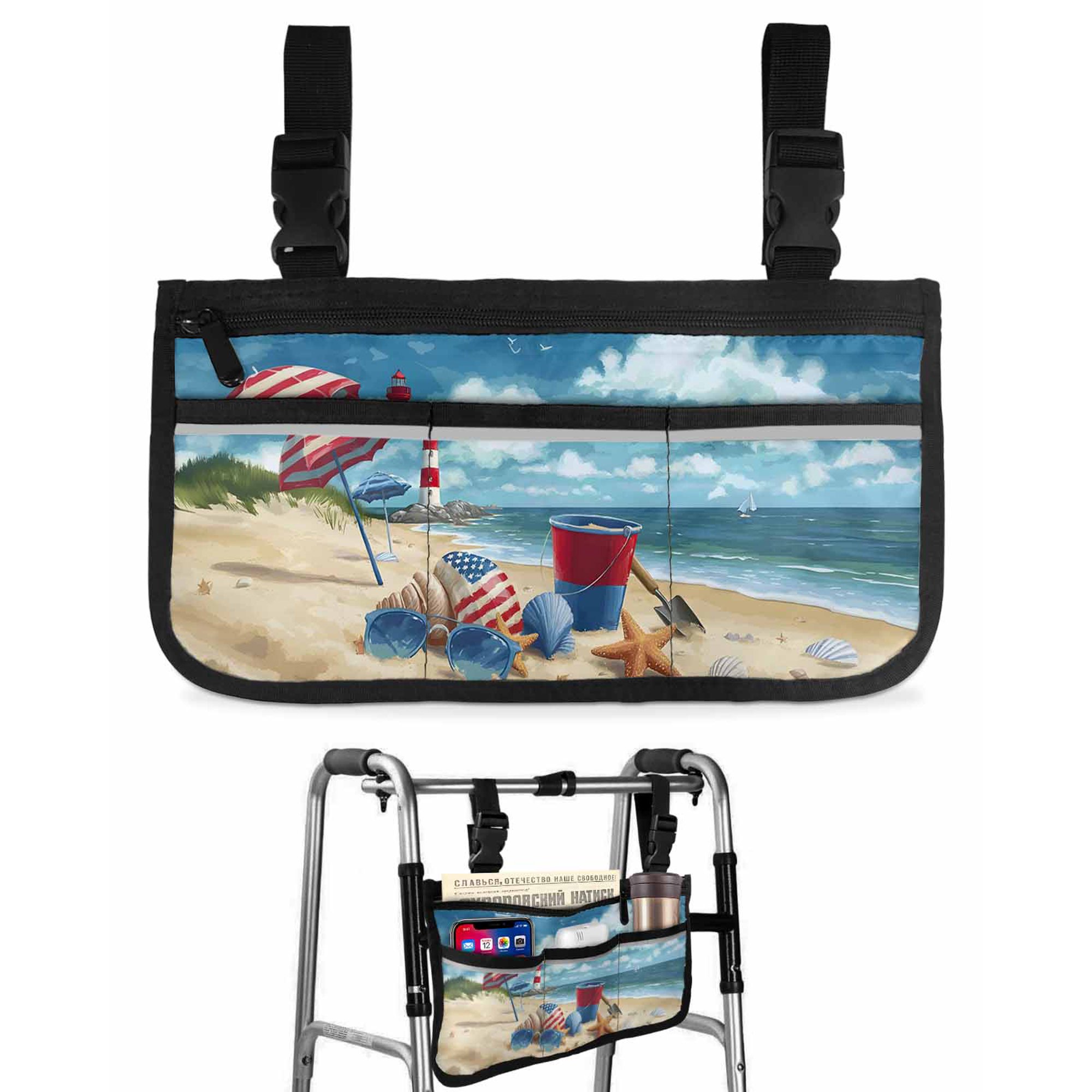 Summer Beach Wheelchair Side Bag with Cup Holder, Ocean Shell Umbrella Sea Star Wheelchair Armrest Bag Storage Pouch Adults, Seniors for Walkers, Rollator, Scooter