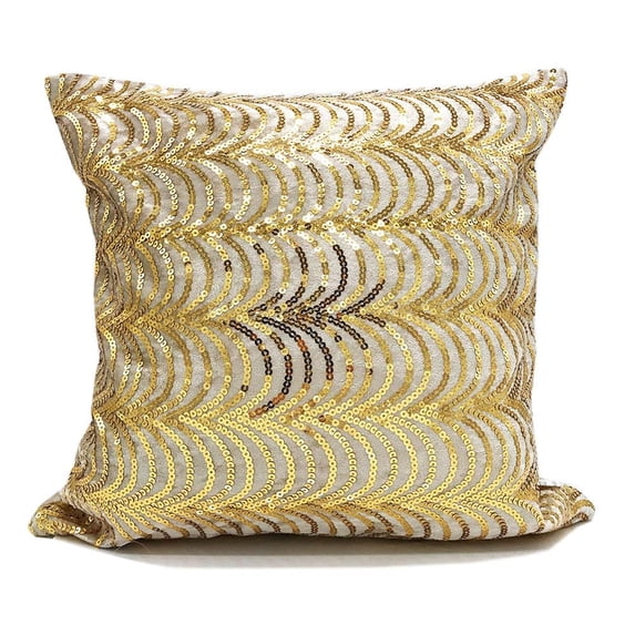 Elegant Hand Beaded Gold Sequin Velvet Shiny Decorative Throw Pillow (Gold, 16"x16" Case Only)