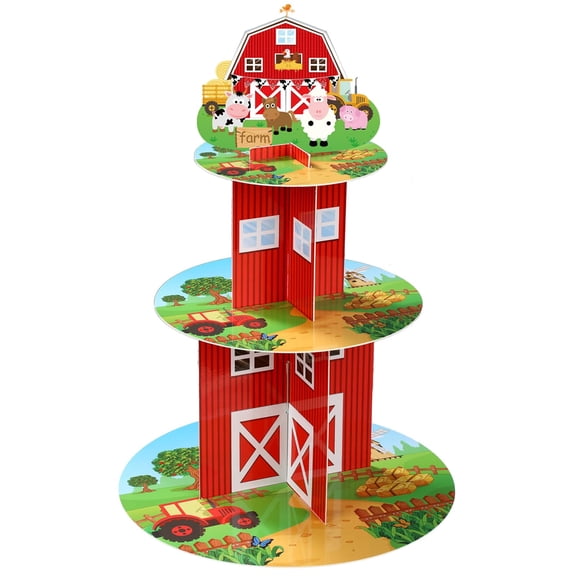 3 Tier Farm Cupcake Stand, Animal Theme Cake Holder, Round Barnyard Dessert Tower for Party Supplies, Shower Wedding Decoration, Red