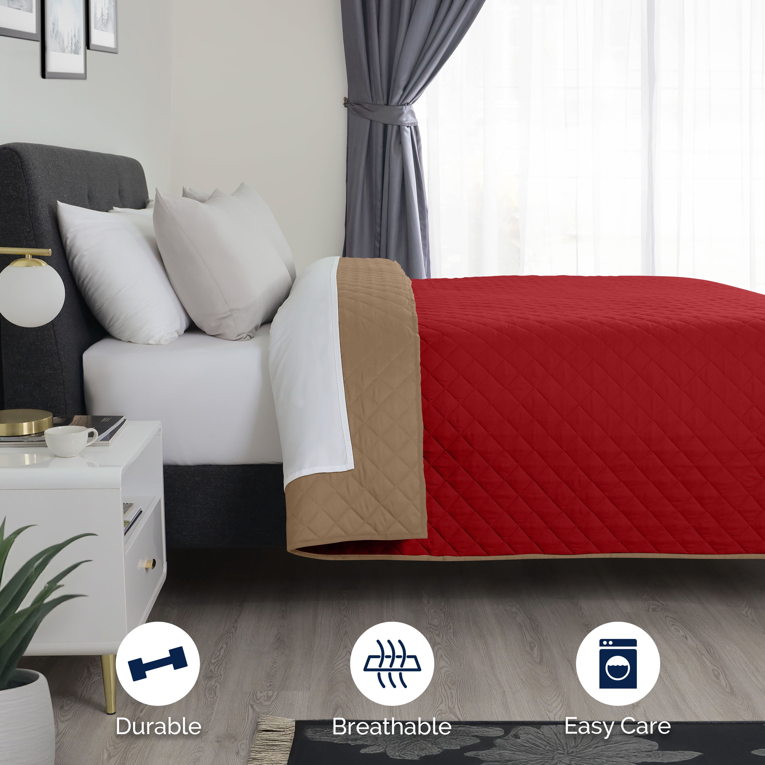 Martex Reversible Microfiber Twin Coverlet, Soft Lightweight Bedding, Khaki/Red