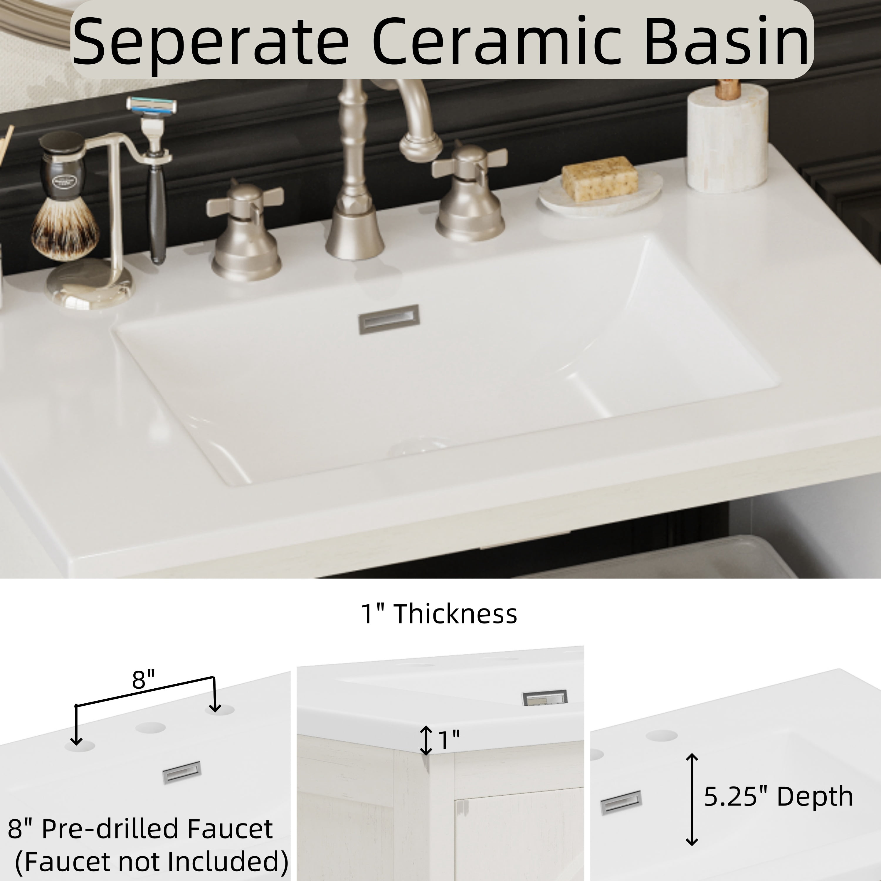 Euroco 31" Farmhouse Bathroom Vanity with Ceramic Sink, Vintage Rustic Bathroom Cabinet with Bronze Pulls and 2 Soft-Closing Doors, Antique White