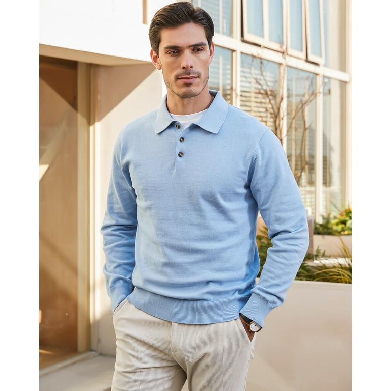 Kallspin Men s Cotton Knit Polo Sweater Business Casual Long Sleeve Pullover Sweater Sky Blue Large