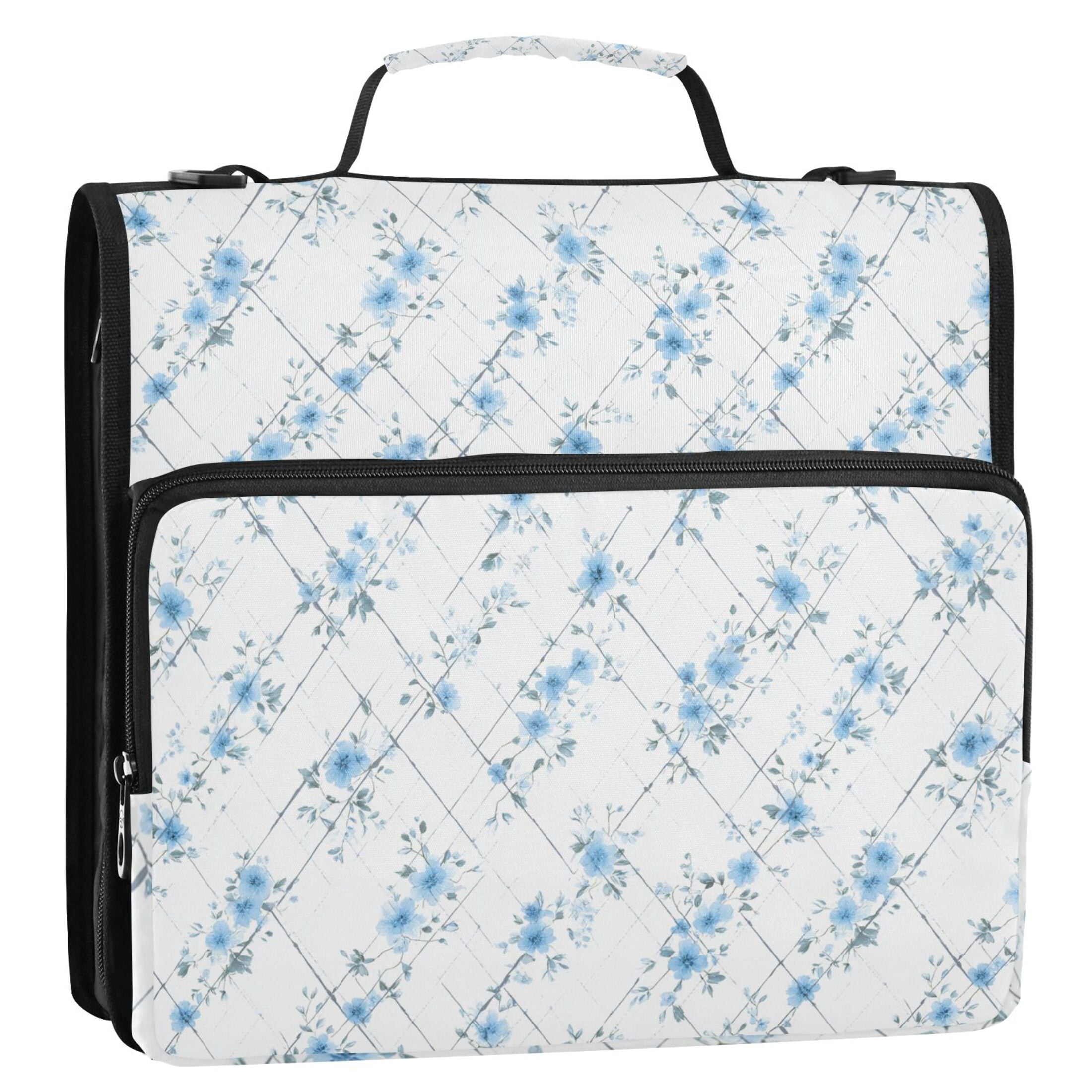 Zipper Binder Flowers Light Blue 1.5 Inch Binder Folder Bag with Shoulder Strap and Handle