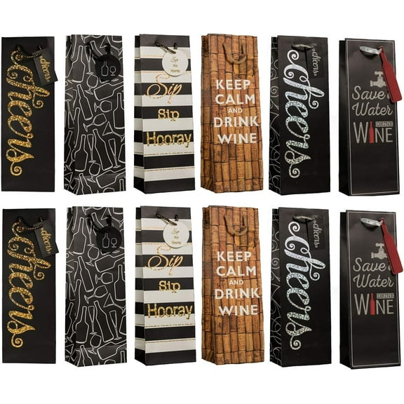Wine Bottle Gift Bags Set of 12 Includes Bags with Tags & Ribbon Handles Patterns