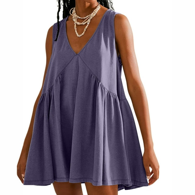 lSLJS Robe Décontractée Sans Manches à Col en V Plissée avec Poches pour Femmes, Robe d'Été de Plage