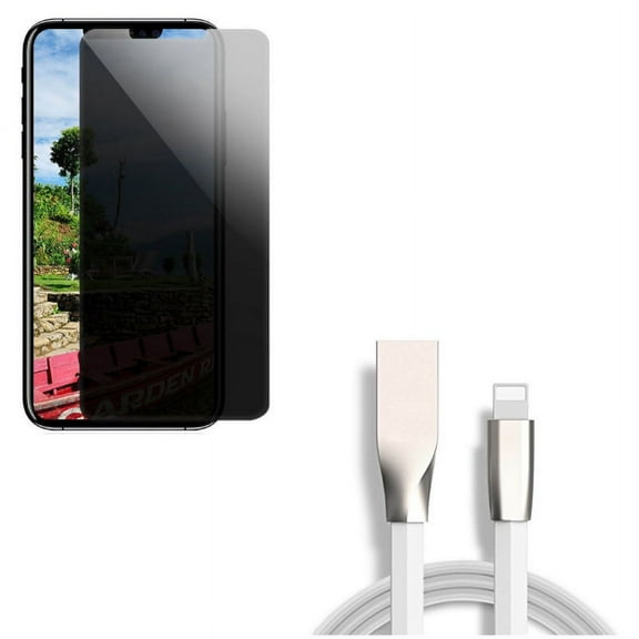 Privacy Screen Protector w USB Cable for iPhone XR - Tempered Glass Curved Anti-Spy Anti-Peep, 6ft Flat Charger Cord Power