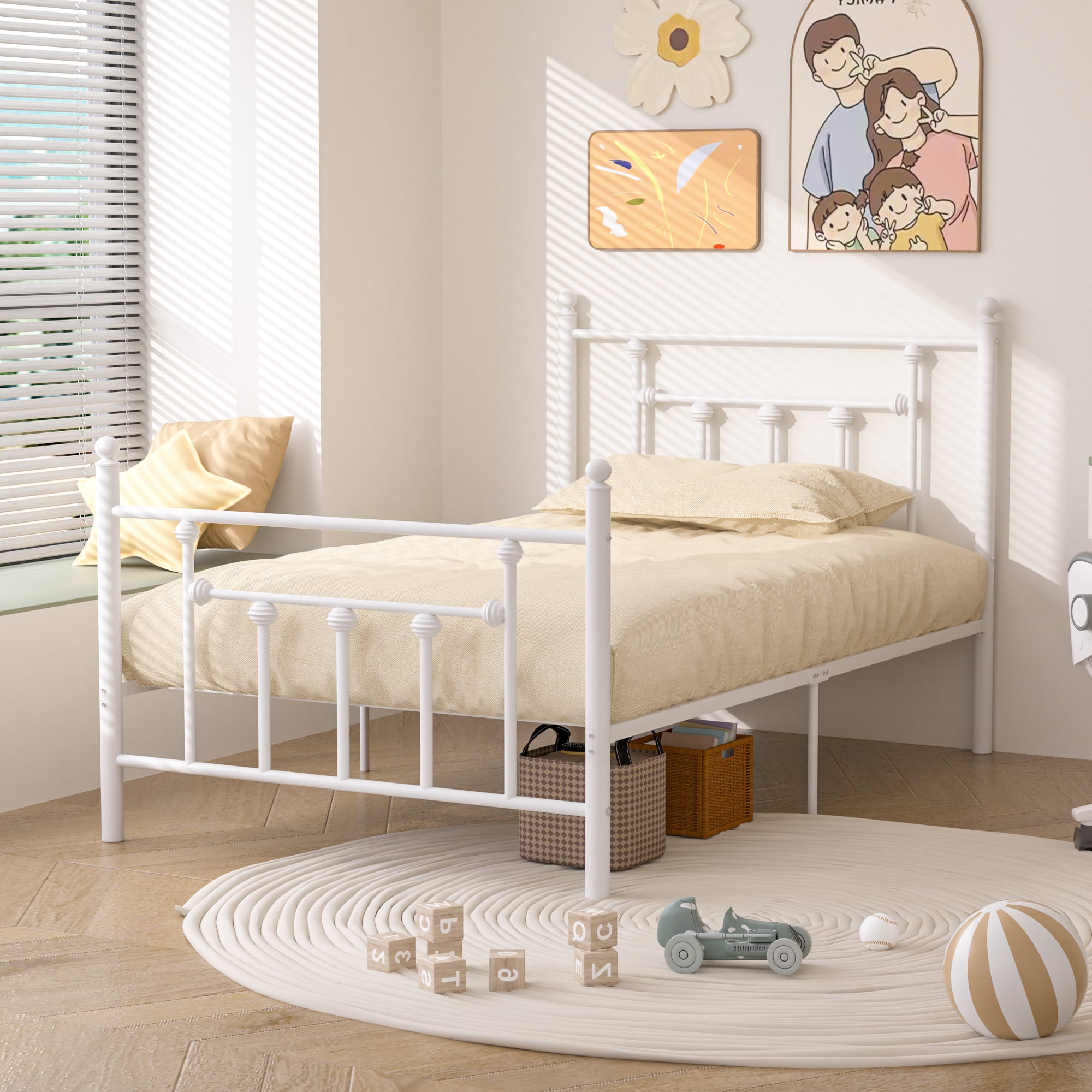 VECELO Twin Size Metal Platform Bed Frame with Headboard & Footboard, Heavy Duty Steel Slats, White