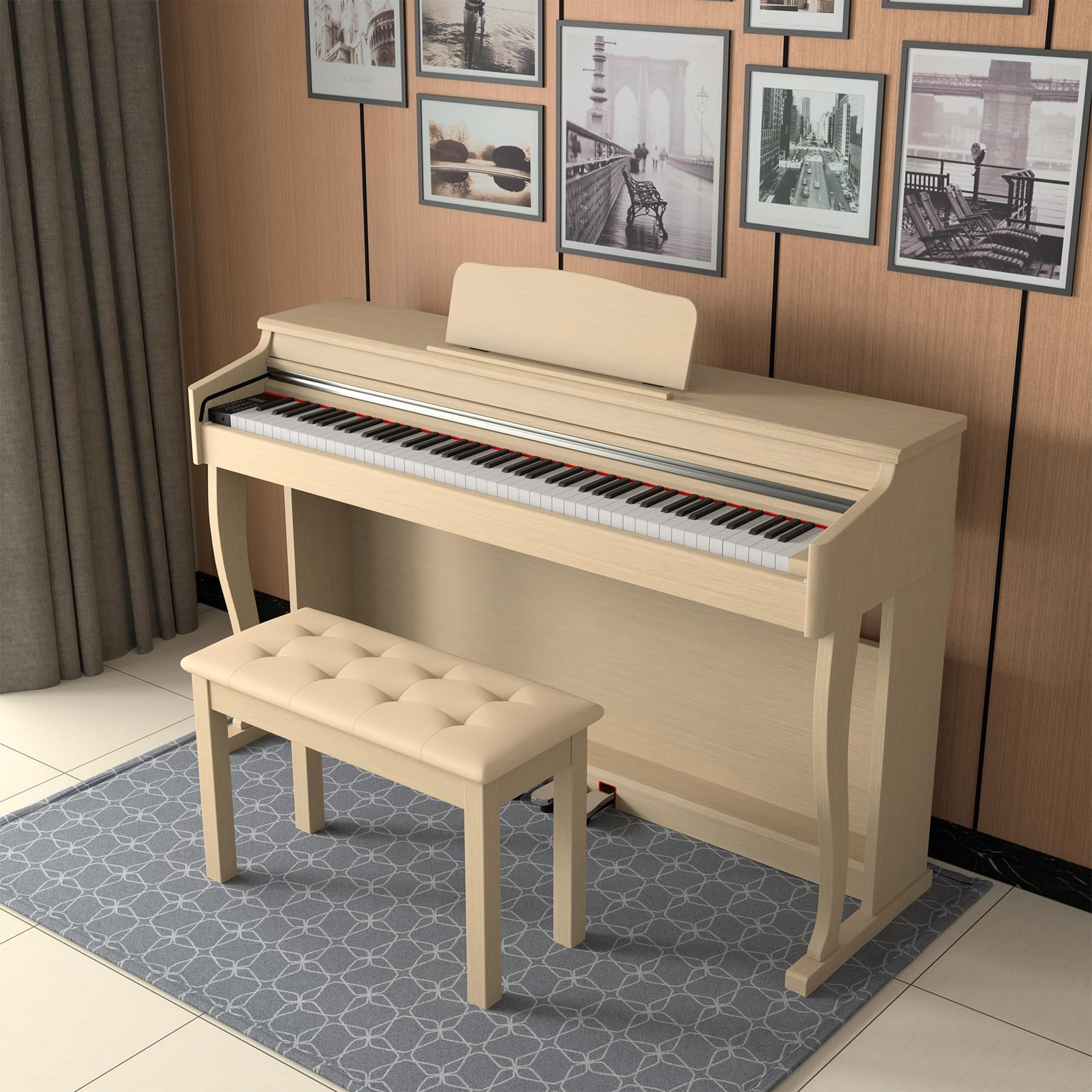 Duet Piano Bench Wooden Keyboard With Storage Compartment  29''piano Chair Seat Padded Cushion Long Stool Beige