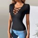 thumbnail image 3 of Blusa de punto de corte ajustado con detalle entrecruzado, color negro XL, cuello en V, manga corta, color liso, para fiesta, para mujer, 3 of 6