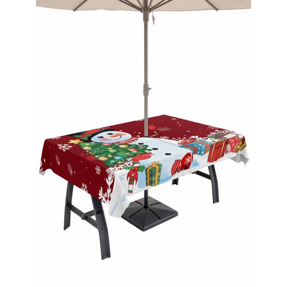 Outdoor Tablecloth with Umbrella Hole and Zipper, Red Snowman Christmas Rectangle Table Cloth 54x80 Inch Waterproof Tablecloth, Gifts Xmas Tree Winter Snowflake Picnic Table Cover for Patio Camping