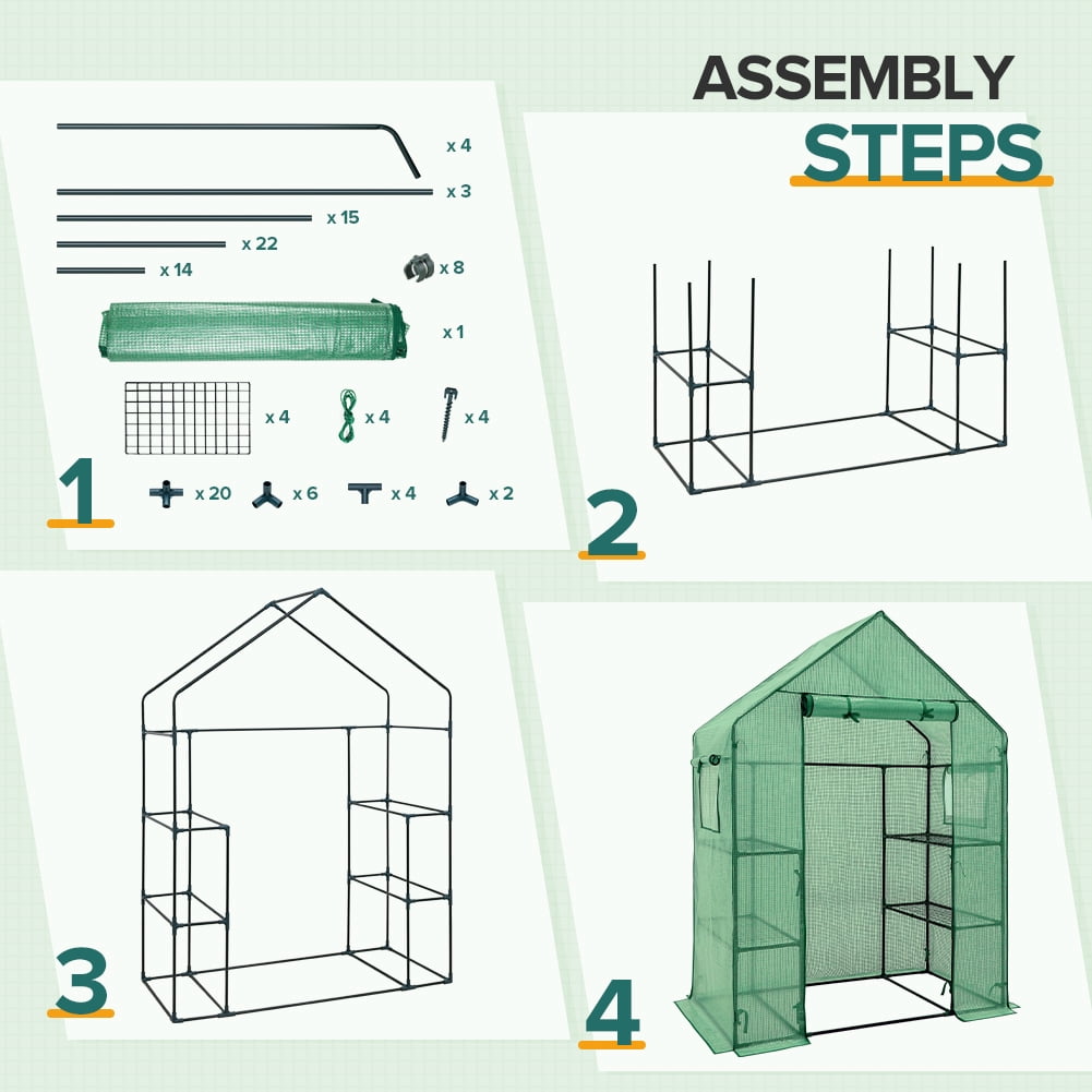 EAGLE PEAK 61'' x 28'' x 79'' Walk-in Greenhouse with 2 Tier 4 Shelves, Zipper Entry Door, and 2 Side Windows
