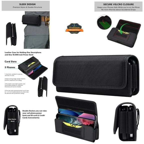 For Samsung Galaxy A25 5G Universal Dual Horizontal Nylon Case For Two Phone Carrying Pouch Large Cover with Card Storage Pocket & Belt Clip Loop Holster - Black