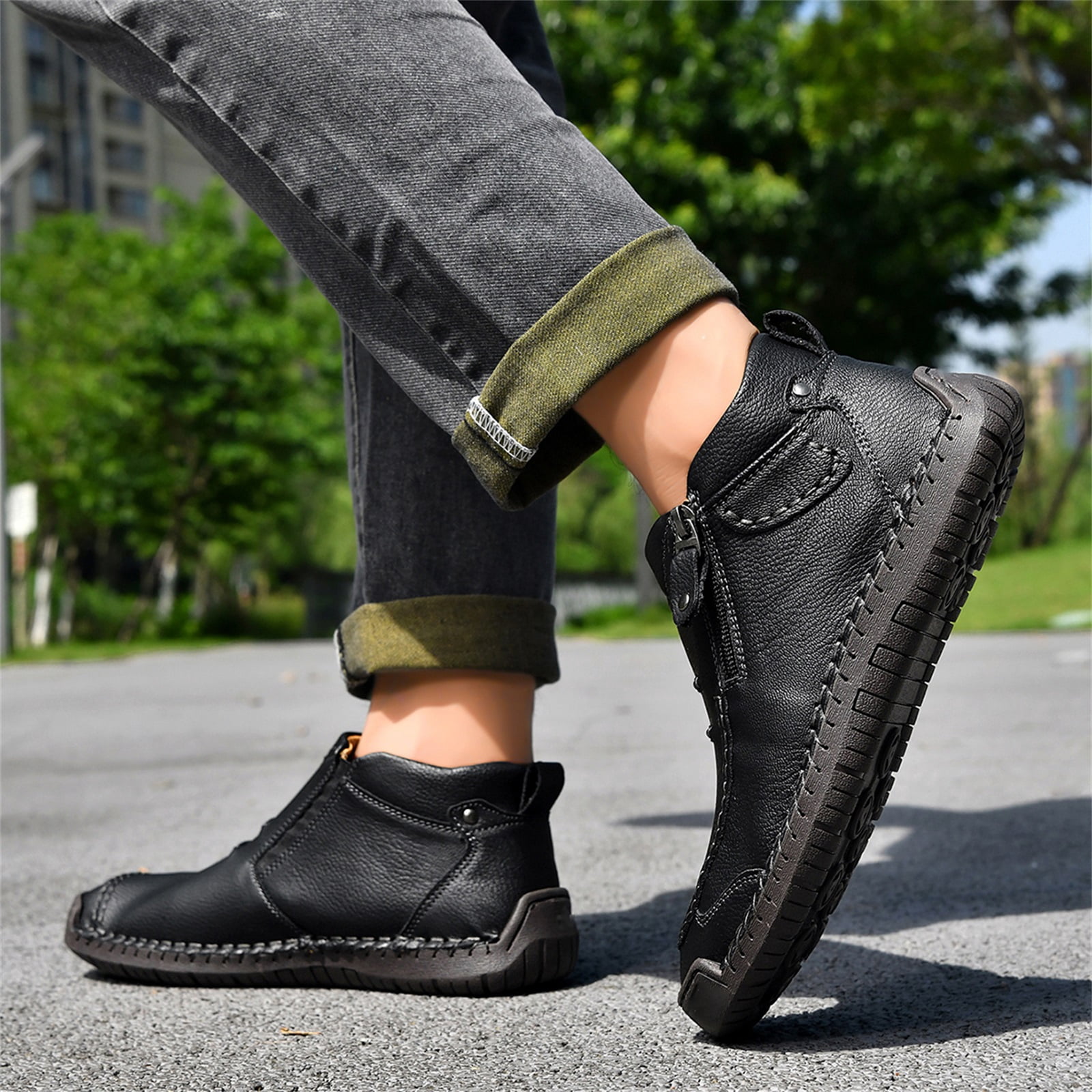 HTHLVMD Side Zipper Boots for Men, Men’S Slip-On Orthopedic Leather Boots,Men’S Handmade Premium Leather Slip-On Driving Boots,Men Side Zipper Orthopedic Shoes for Driving Hiking, Black 11.5
