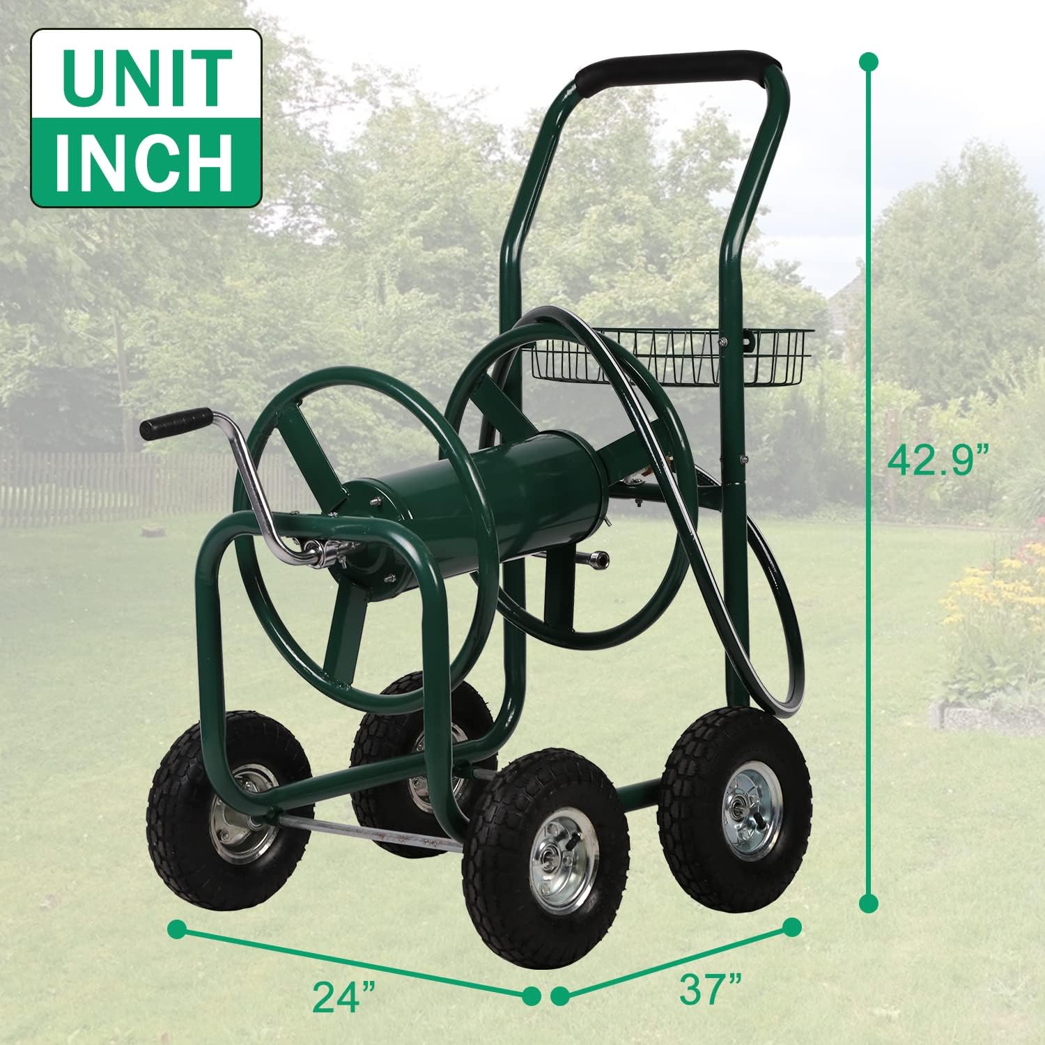 Dkelincs Garden Hose Reel Cart with Wheels 300 Ft of 5/8 in×6Ft Steel Portable Water Hose Reel with Storage Basket, Green