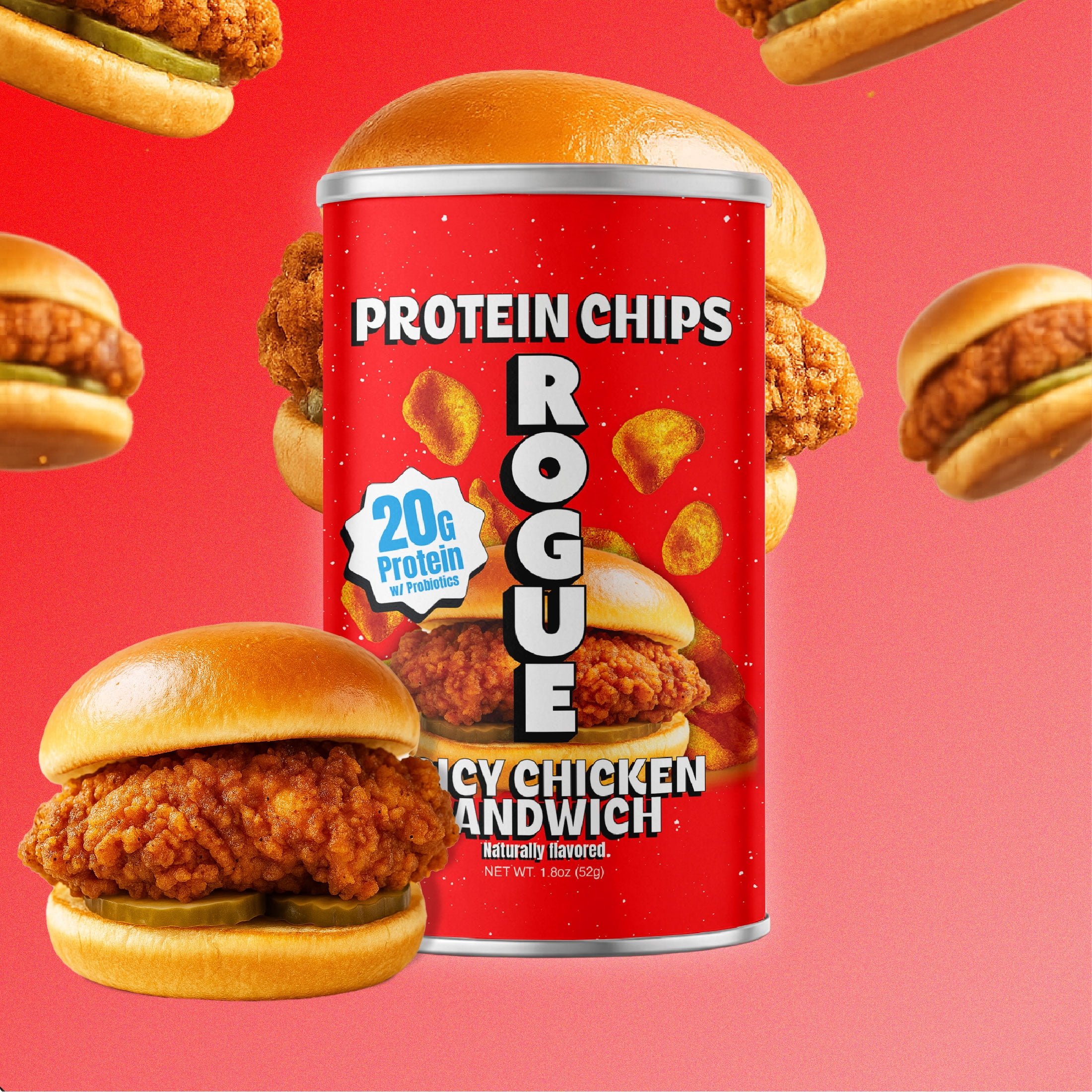 Rogue Snacks, Spicy Chicken Sandwich Chips, 20g Of Protein, Probiotics,  1.8 oz Can