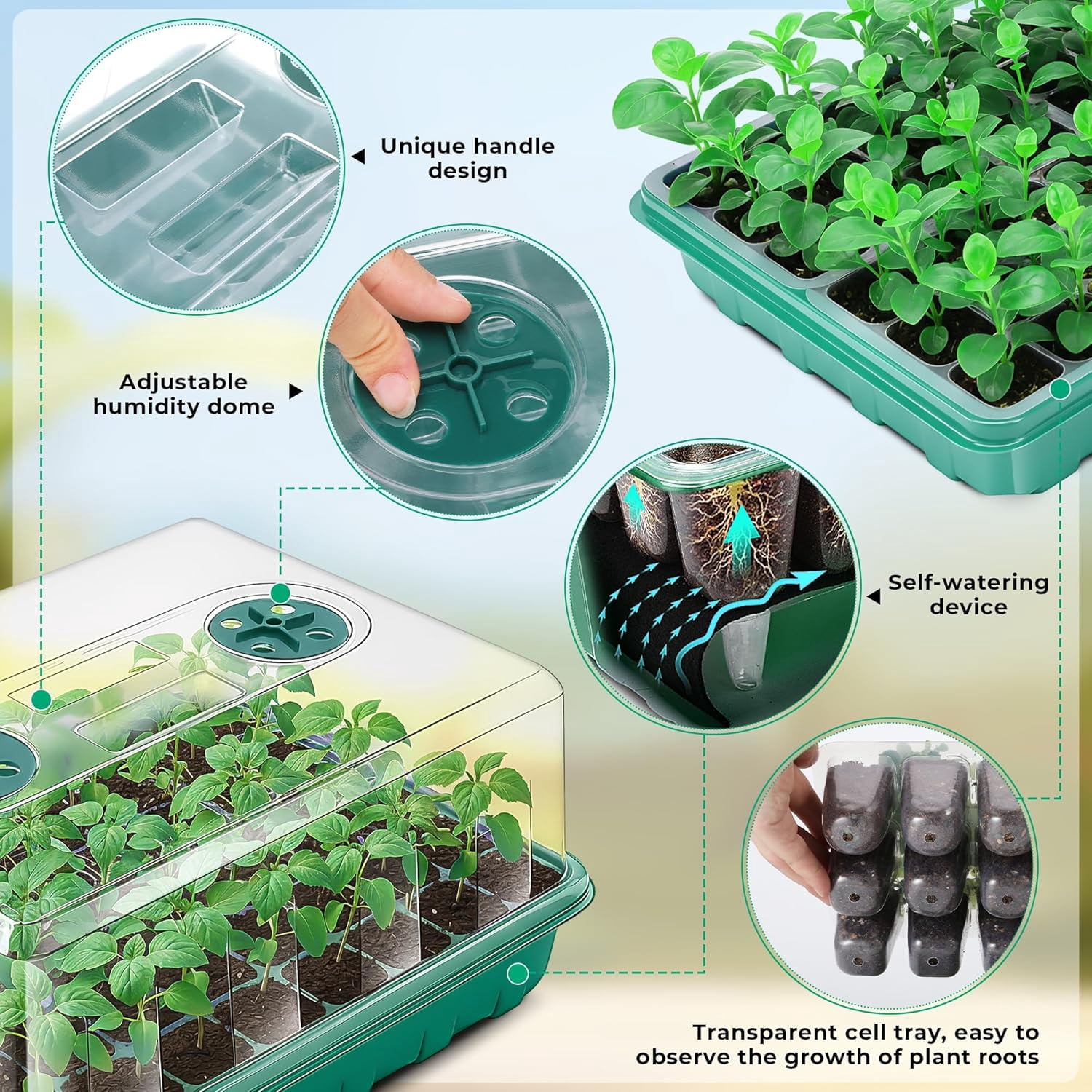 Self-Watering Seed Starter Tray, Seed Starter Kit with Humidity Vented Domes and Lid for Indoor Greenhouse